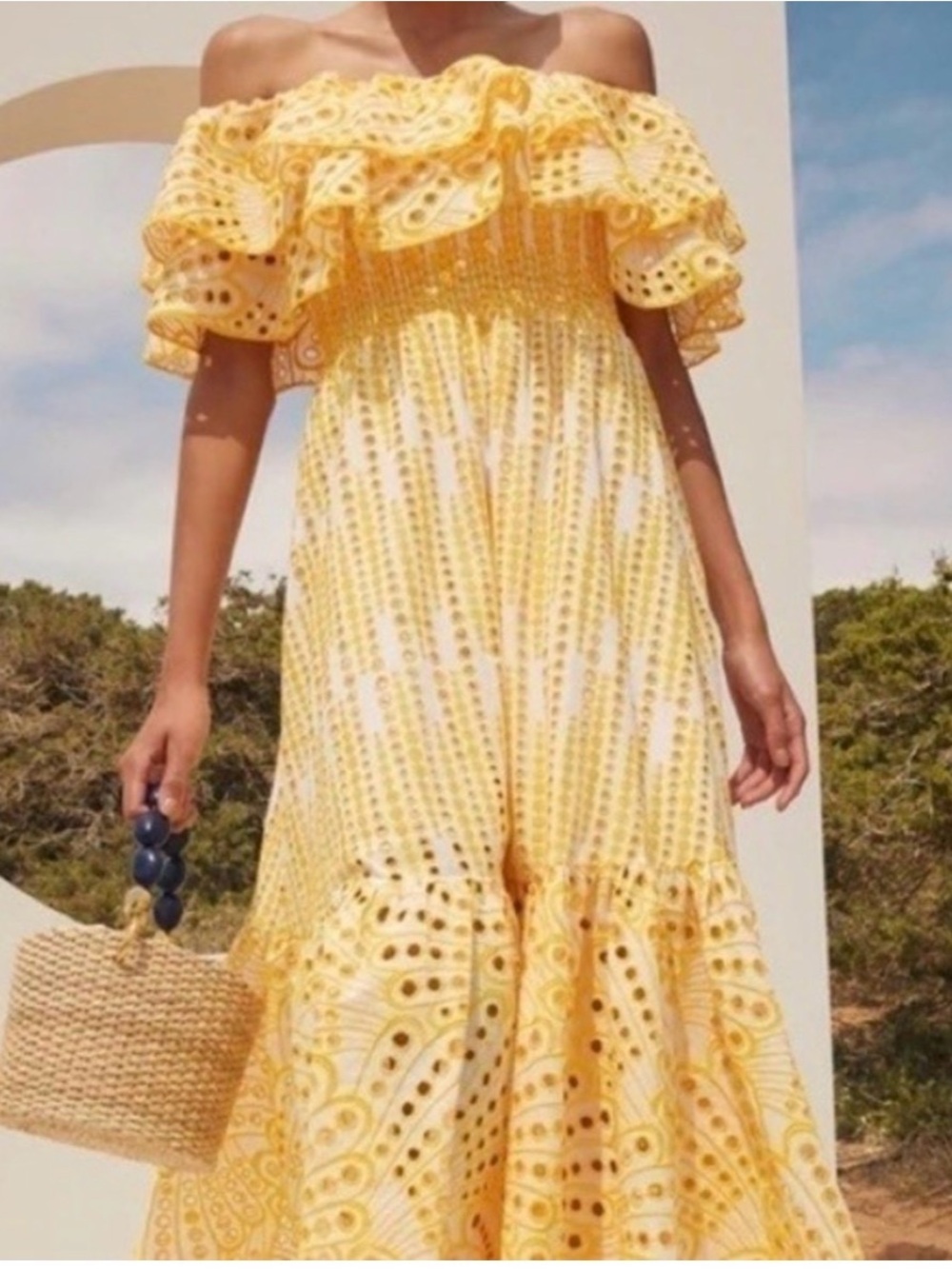 Yellow Off-Shoulder Tiered Ruffle Eyelet Dress